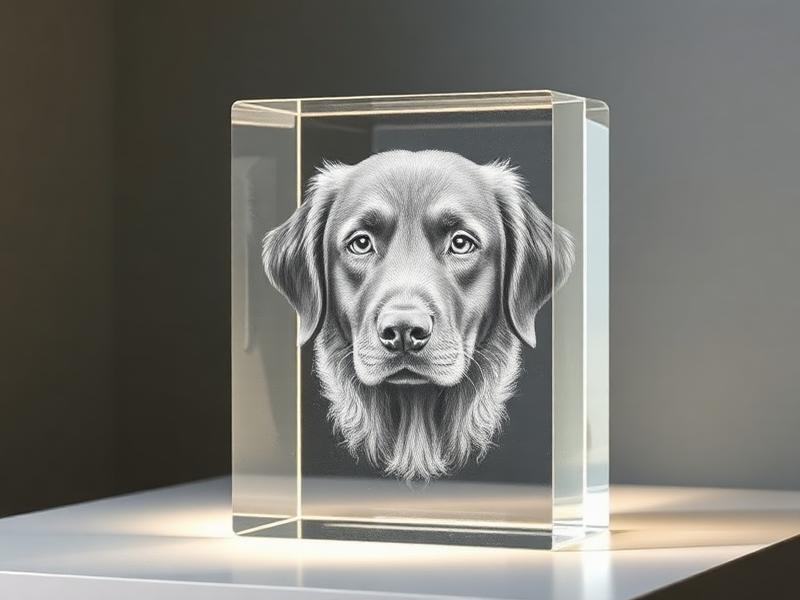 Crystal cube with a 3D laser etched dog portrait inside
