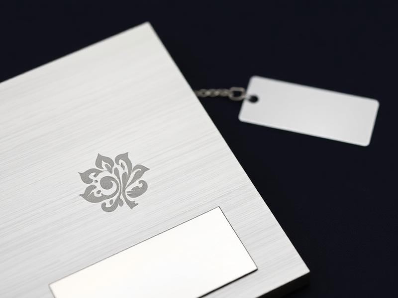 Brushed metal plaque and tags with an engraved emblem