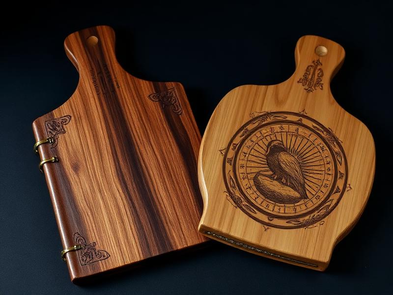 Engraved wooden cutting board and leather journal